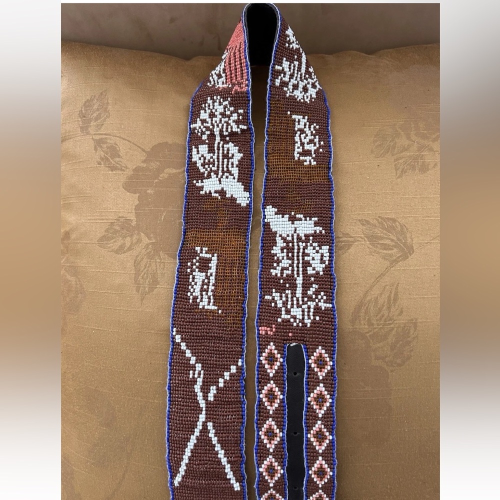 Raj Bohemian Western Seed Beaded Brown Leather Belt NWT Size 35”-41” (Large)